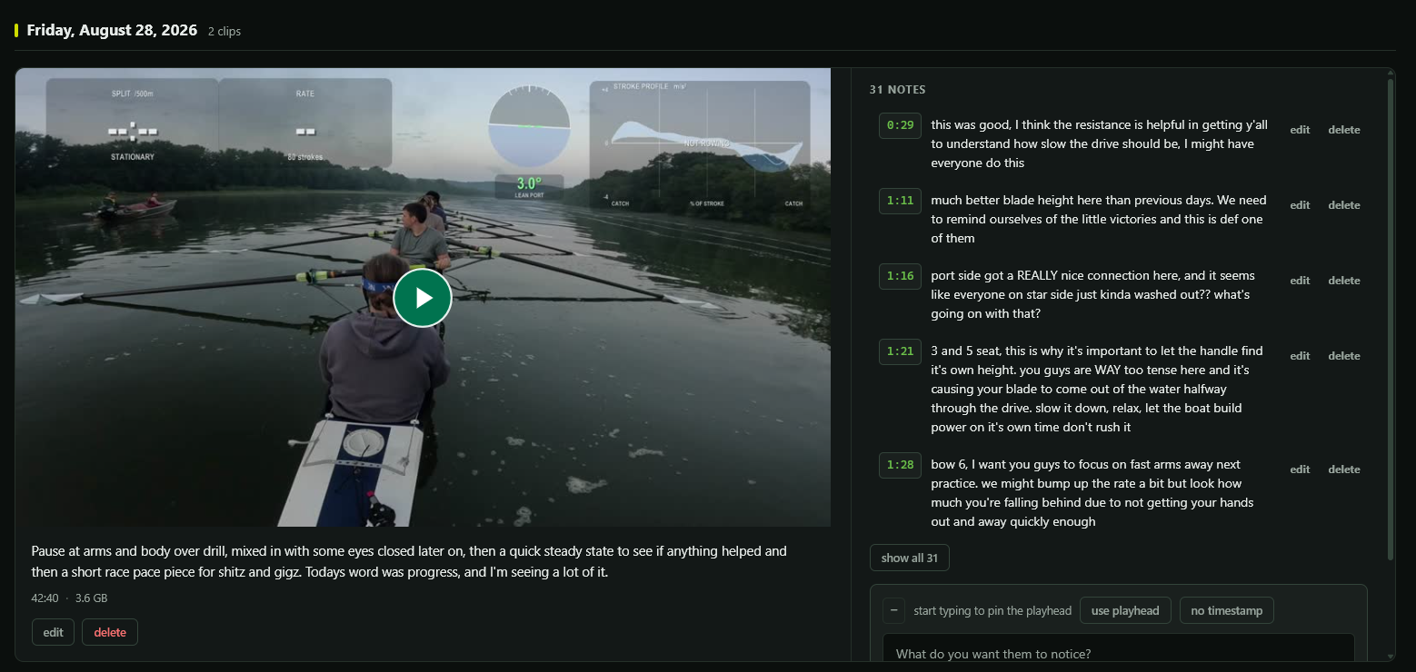 BU Crew Film Review – video player with timestamped coaching comments